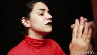 CFNM - Red Turtleneck, Black Lips - Handjob + Cum Mouthful + Cum on Clothes