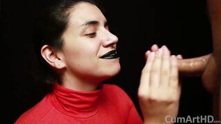 CFNM - Red Turtleneck, Black Lips - Handjob + Cum Mouthful + Cum on Clothes