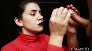 CFNM - Red Turtleneck, Black Lips - Handjob + Cum Mouthful + Cum on Clothes