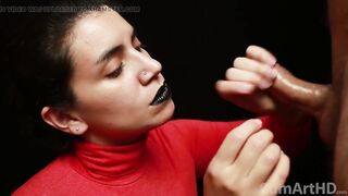 CFNM - Red Turtleneck, Black Lips - Handjob + Cum Mouthful + Cum on Clothes