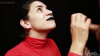 CFNM - Red Turtleneck, Black Lips - Handjob + Cum Mouthful + Cum on Clothes