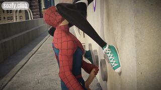 Spiderman hung fan girl on the roof of the building and licked her pussy POV