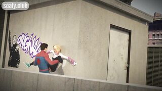 Spiderman hung fan girl on the roof of the building and licked her pussy POV