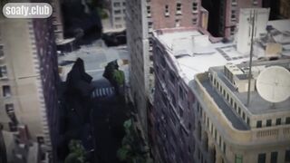 Spiderman hung fan girl on the roof of the building and licked her pussy POV