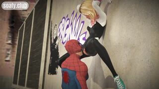 Spiderman hung fan girl on the roof of the building and licked her pussy POV