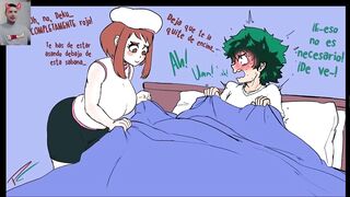 Uraraka y mina quieren montar la gran polla de midoriya hasta quedar llenas con su espeso semen