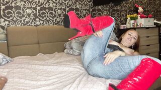 I Have a Great and Sexy Look Today! I'm Wearing Red Long Boots and Blue Jeans and a Top! Very Sexy and I'm Playing with Myself!