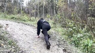 girl in high-heeled boots wants to go to home, but there is dirty slippery slide on the way