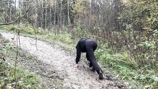 girl in high-heeled boots wants to go to home, but there is dirty slippery slide on the way